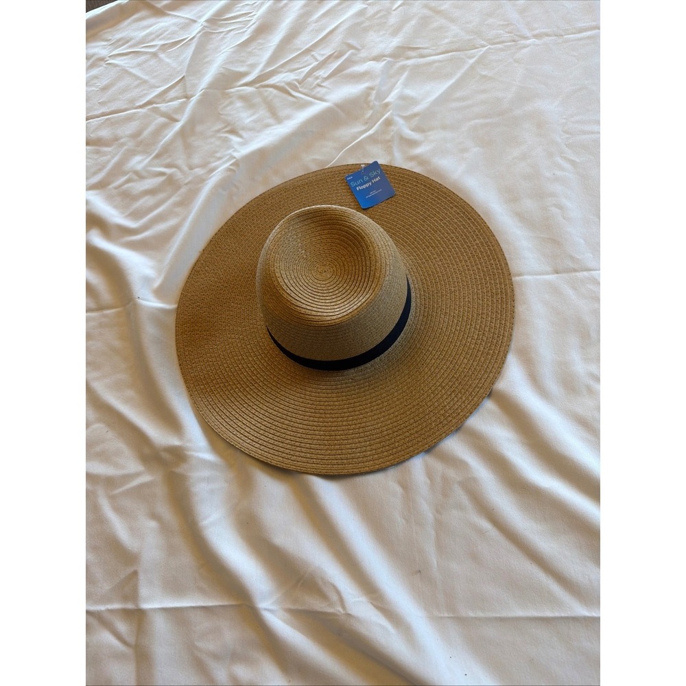 Sun & Sky Floppy Hat Tan Straw Wide Brim UPF 50+ Boho Festival Black Ribbon